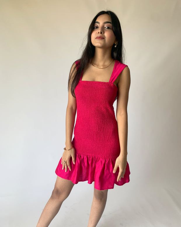 Deep Pink Smock & Frill Dress