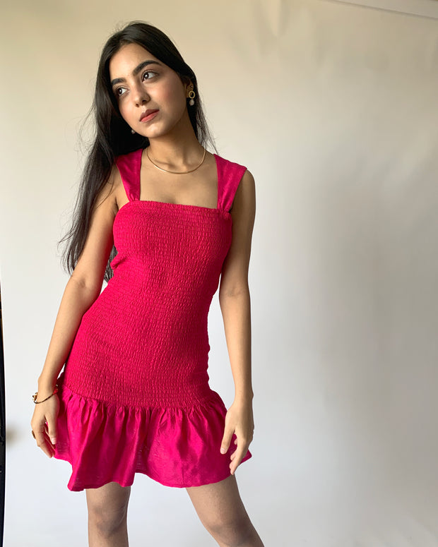 Deep Pink Smock & Frill Dress