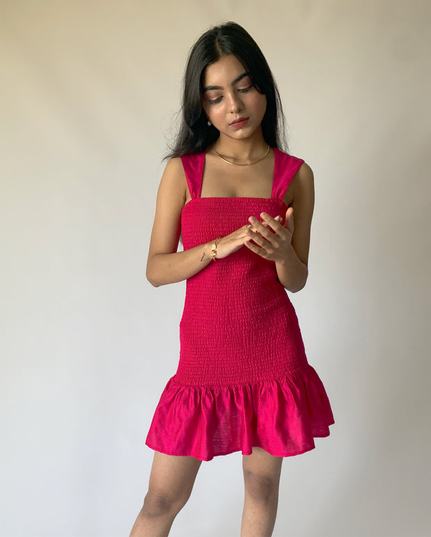 Deep Pink Smock & Frill Dress