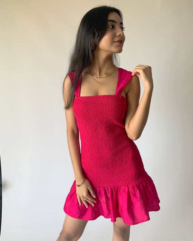 Deep Pink Smock & Frill Dress