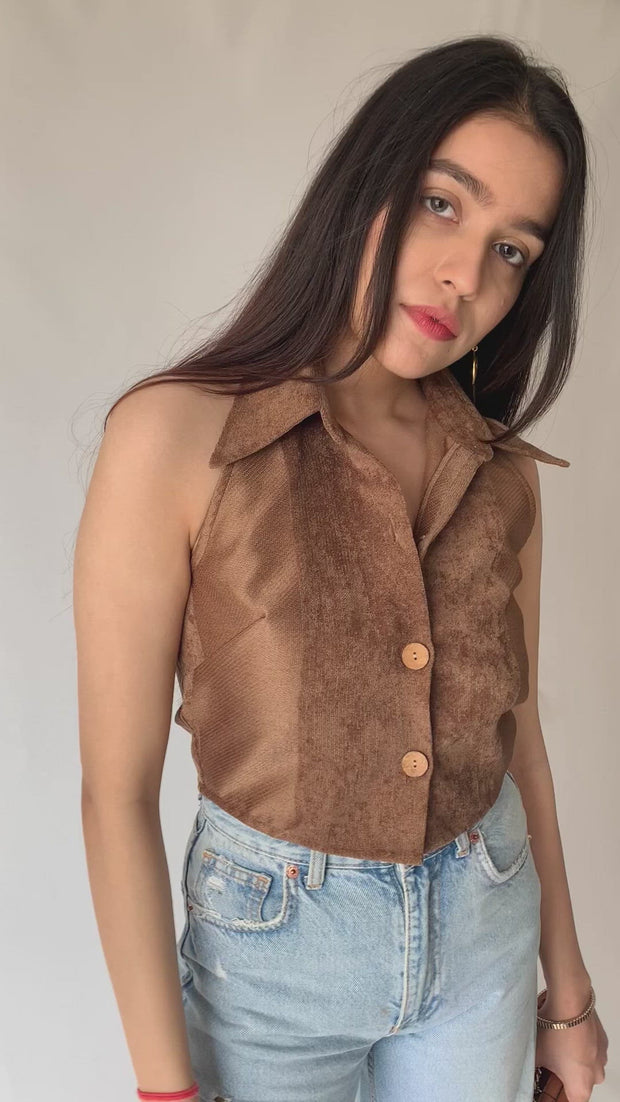 Suede Brown High Collar Top