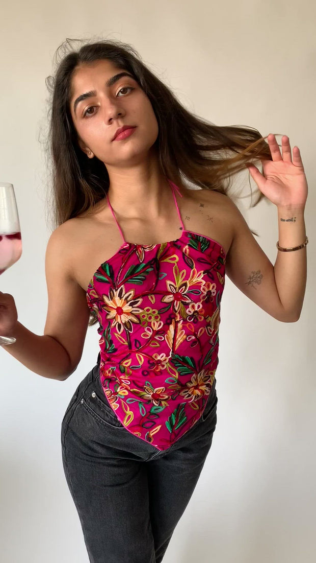 Beach Pink Embroidered Halter Neck Top