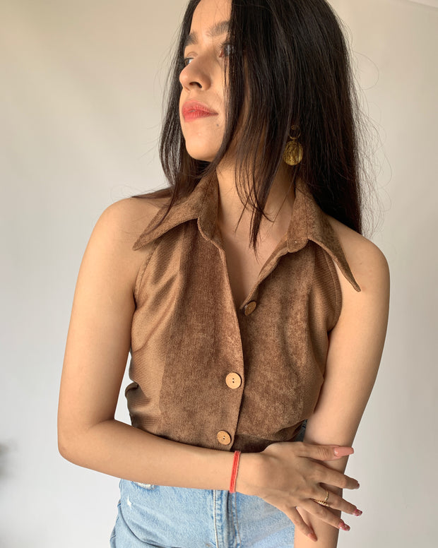Suede Brown High Collar Top