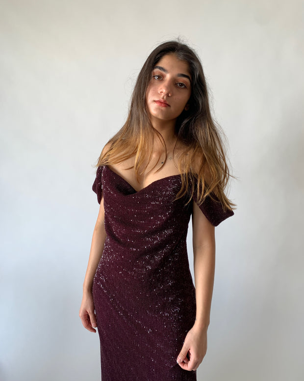 Sequin Cowl Neck Gown