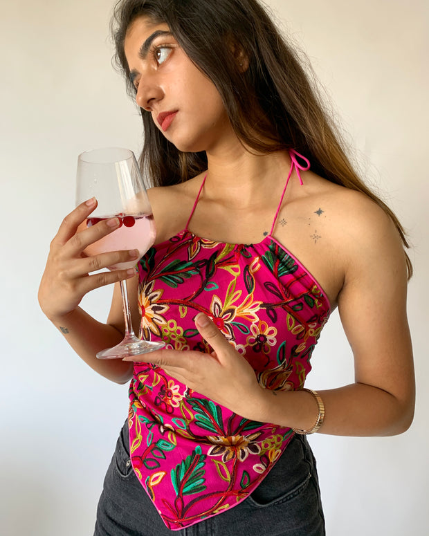 Beach Pink Embroidered Halter Neck Top