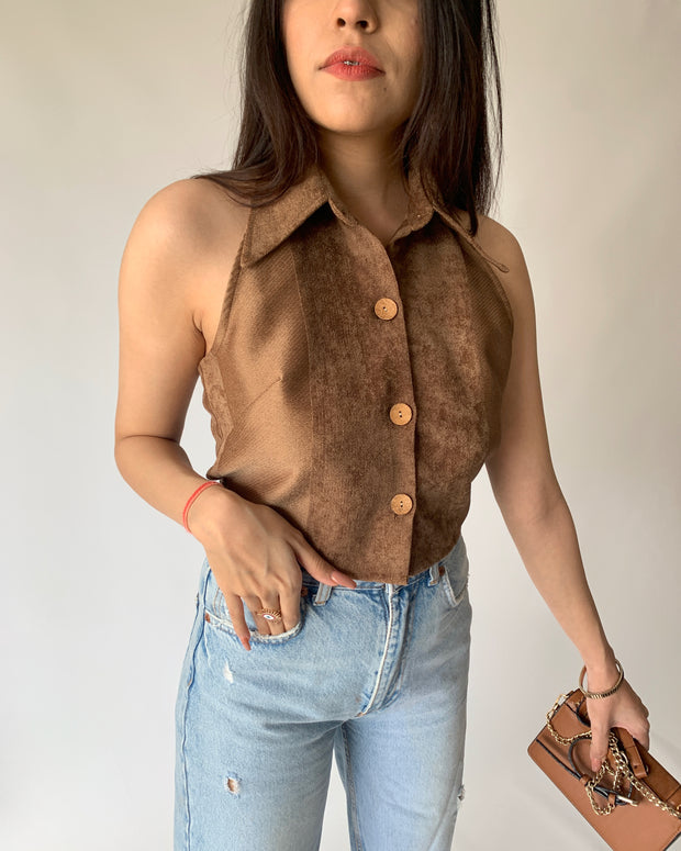 Suede Brown High Collar Top