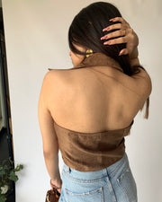 Suede Brown High Collar Top