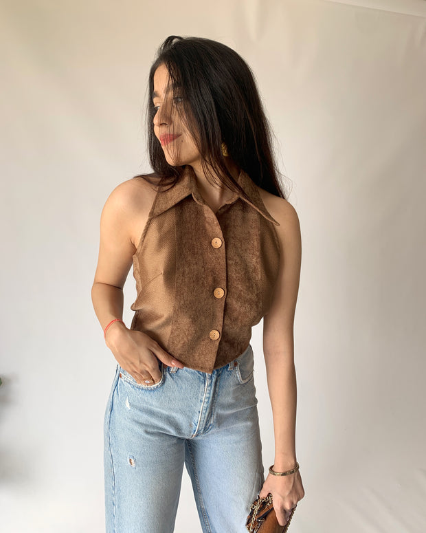 Suede Brown High Collar Top