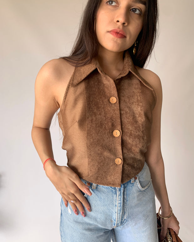 Suede Brown High Collar Top