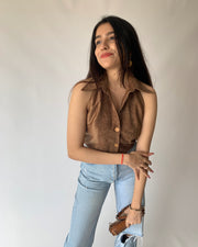 Suede Brown High Collar Top
